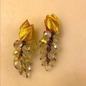 Clip on Earrings - Gold Tone and Crystal Drop